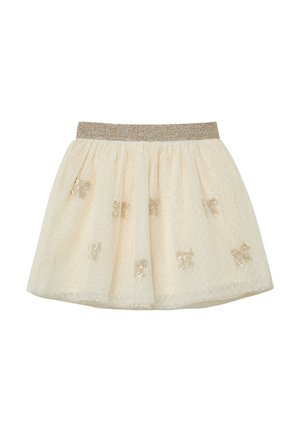 Tulle rok in crèmekleur met een glinsterende elastische tailleband. Bevat verspreide gouden pailletten strikjes en een stippenpatroon overal.