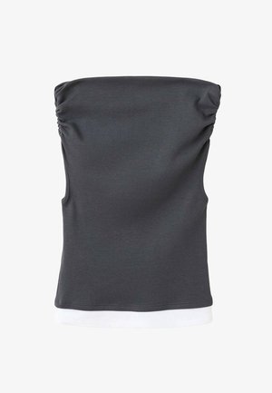 Siva, brezrokaven top z zloženim dekoltejem, izdelan iz gladkega materiala. Ima kontrastno belo obrobo na dnu.