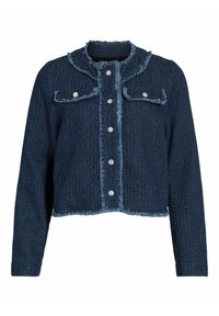 Tamno plavi teksturirani skraćeni sako s dugim rukavima, srebrnim dugmadi sprijeda, dva džepa na grudima i rastrganim detaljima na ovratniku i rubovima.