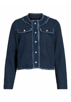 Mørkeblå tekstureret cropped jakke med lange ærmer, sølvknapper ned foran, to brystlommer og frynsede kanter på kraven og kanterne.