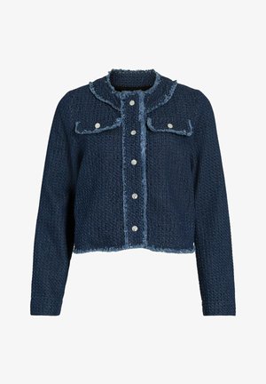 Dark blue textured cropped jacket with long sleeves, silver buttons down front, two chest pockets, and frayed trim on collar and edges.