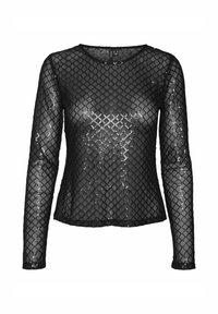 Svart långärmad genomskinlig topp med ett diamantskuret paljettmönster och rund halsringning.