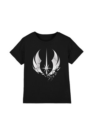 Black cotton t-shirt featuring a broken white graphic design of a star and wings in the center. Short sleeves and crew neck.