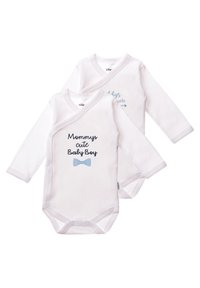 Two long-sleeve white baby bodysuits with snap closures. One features black text with a bow tie graphic, the other has light blue cursive text.