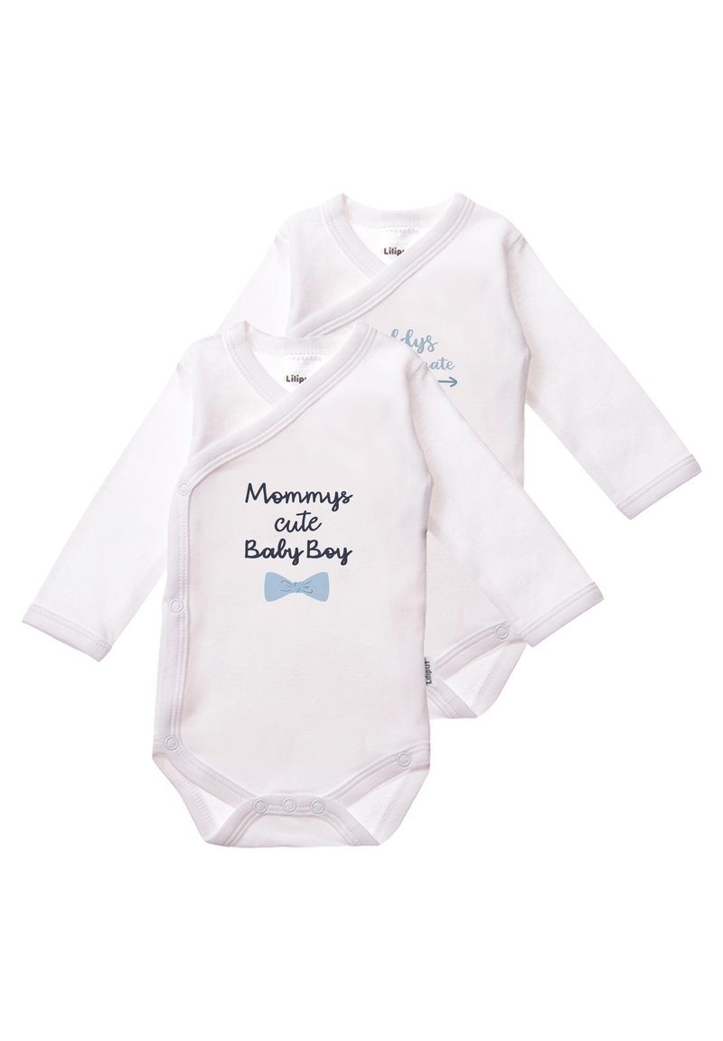 Two long-sleeve white baby bodysuits with snap closures. One features black text with a bow tie graphic, the other has light blue cursive text.