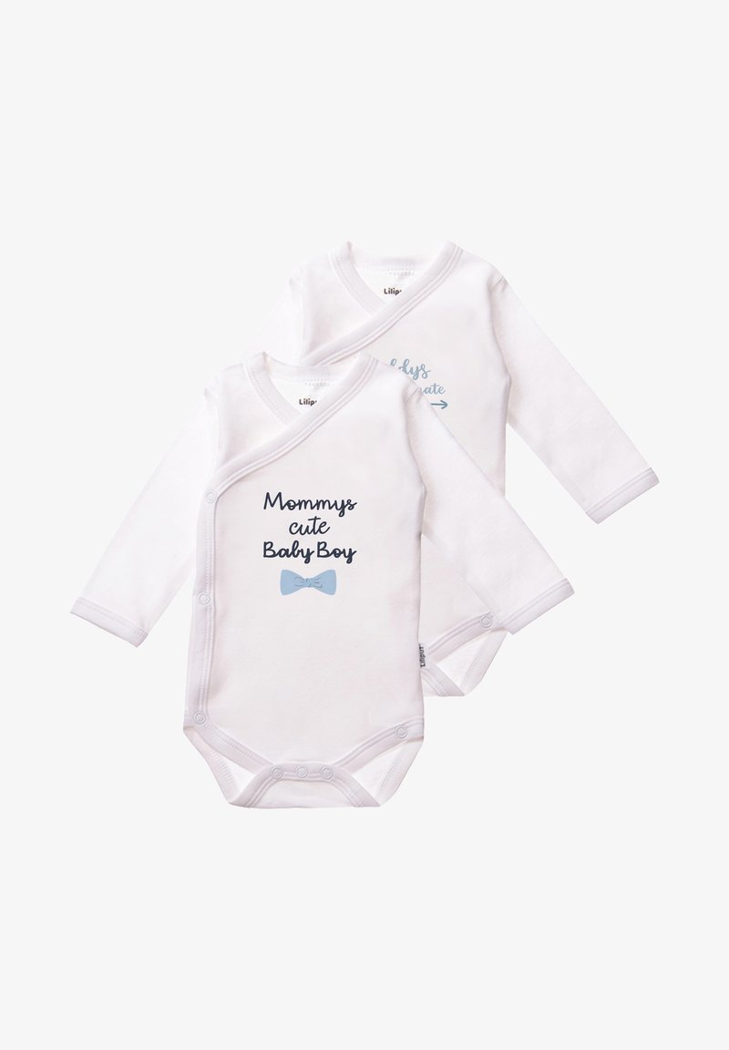Two long-sleeve white baby bodysuits with snap closures. One features black text with a bow tie graphic, the other has light blue cursive text.