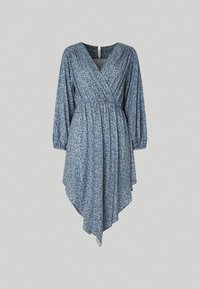 Kukallinen mekko sinisissä sävyissä, jossa on V-pääntie, pitkät hihat, elastinen vyötärö ja epäsymmetrinen helma. Valmistettu kevyestä kankaasta.