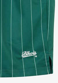 Tissu vert à fines rayures verticales blanches, logo brodé blanc "Blkvis 13" près de l'ourlet et petite fente latérale.