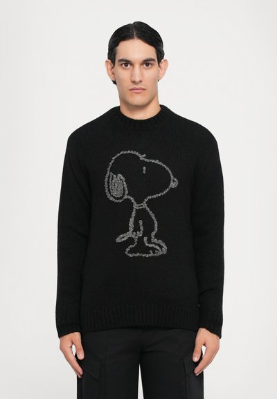 Maglione nero lavorato a maglia con una grafica grigia di Snoopy. Collo rotondo, polsini e orlo a coste. Texture morbida con vestibilità ampia.