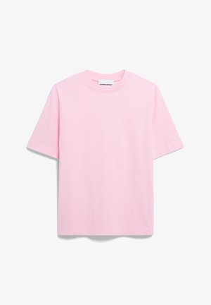 T-shirt di cotone rosa chiaro con scollatura rotonda e maniche corte. Presenta un piccolo logo ricamato sul petto. Vestibilità semplice e rilassata.