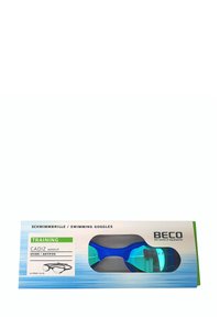 Swimming goggles in blue with mirrored lenses, UV400 protection, and anti-fog features. Packaged in a rectangular box with graphics.