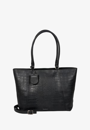 Schwarze Krokodilleder-Tote Bag mit doppelten Griffen, einem abnehmbaren Gurt und einem Anhänger mit dem Markennamen Burkely.