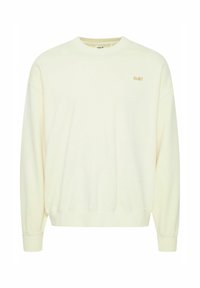 Cream-colored sweatshirt with a relaxed fit, ribbed cuffs, and a small tonal logo on the chest. Made from soft cotton material.