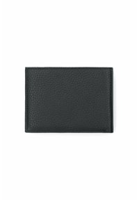 Czarny skórzany etui na karty o fakturze kropkowanej. Smukły, prostokątny kształt z przeszyciami, odpowiedni do przechowywania kart i dowodów tożsamości.