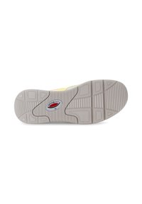 Sneakerzool van een gestructureerd, rubberachtig materiaal in lichtgrijs, met een centraal logo, omlijnde loopvlakpatronen en duidelijke antislipkussens.