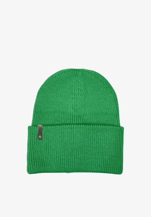 Green knitted beanie with a ribbed texture and a folded cuff. Features a small metallic tag with branding on the cuff.