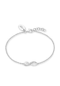 Bracciale in argento con una delicata catenina e un charm a simbolo dell'infinito decorato con pietre trasparenti e scintillanti. Include un gancio a moschettone e un estensore.