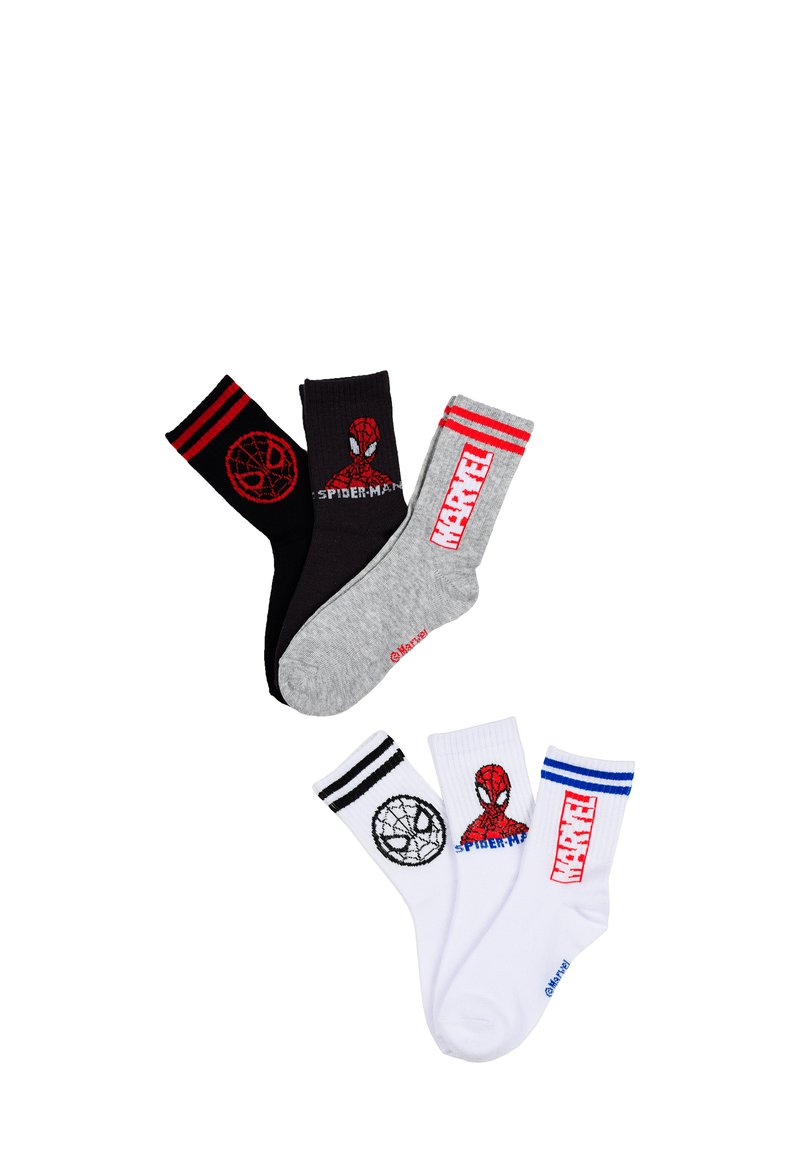 Set aus vier Socken mit Spiderman-Designs. Farben sind Schwarz, Grau und Weiß mit rot-blauen Streifenakzenten. Verschiedene Muster und Logos.