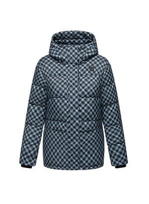 Giacca imbottita blu con motivo pied de poule; presenta un alto colletto, cappuccio e polsini neri a contrasto. Tessuto texturizzato con design trapuntato.