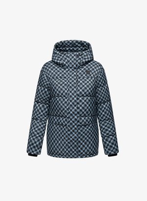 Padded jacket v modré barvě s houndstooth vzorem; obsahuje vysoký límec, kapuci a černé akcentové manžety. Texturovaná tkanina s prošívaným designem.