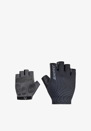 Pair of black fingerless cycling gloves, one showing padded palm with grip texture, the other showing back with wavy pattern and "zielener" logo.