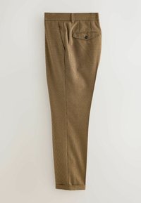 Light brown checked trousers with a smooth texture, featuring a single back pocket with a button and tailored fit.