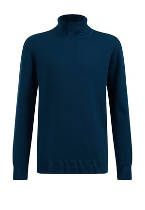 Granatowy sweter z długim rękawem i golfem, z prążkowanym kołnierzem, mankietami i brzegiem, prezentowany na białym tle.