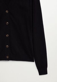 Black cardigan made of soft fabric, featuring a V-neck, long sleeves, and a row of six brown buttons down the front.