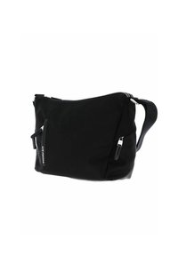 Borsa a spalla nera realizzata in tessuto resistente, dotata di chiusura con zip, tracolla regolabile e tasca frontale con zip per riporre gli oggetti.