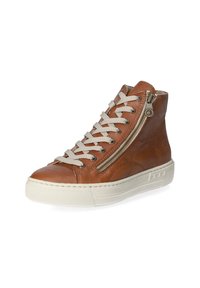 Brown leather high-top sneaker with light gray laces, side zipper detail, white rubber sole, and quilted accents on the upper.