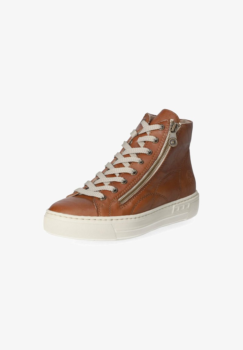 Brown leather high-top sneaker with light gray laces, side zipper detail, white rubber sole, and quilted accents on the upper.