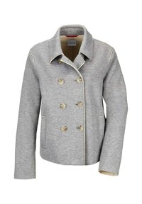 Grijze houndstooth jas met een dubbelzijdige knoopsluiting, contrasterende afwerking en twee zijzakken. Gemaakt van een katoenmix met een gestructureerde kraag.