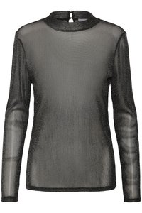 Haut noir à manches longues en matière transparente et scintillante. Col montant avec une ouverture en forme de goutte dans le dos. Manches ajustées.