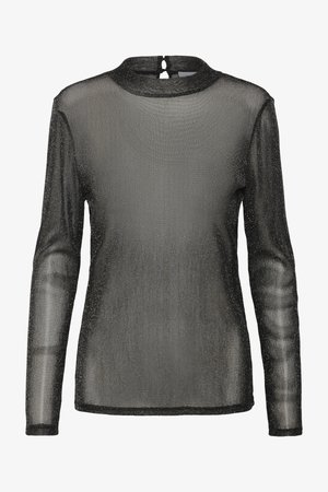 Mustast läbipaistvast läikivast materjalist pikkade varrukatega top. Kõrge kaelus, mille taga on avatav võtmekujuline lõige. Istuvad varrukad.