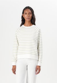 Krämfärgad sweatshirt med ljusgröna horisontella ränder. Har en rundad halsringning, raglanärmar och en något croppad passform. Mjuk material.