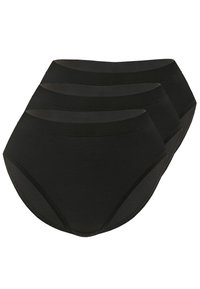 Schwarze hochgeschnittene Slips aus glattem Stoff. Sie verfügen über eine einfarbige Gestaltung, einen elastischen Bund und nahtlose Kanten. Drei Teile sind enthalten.