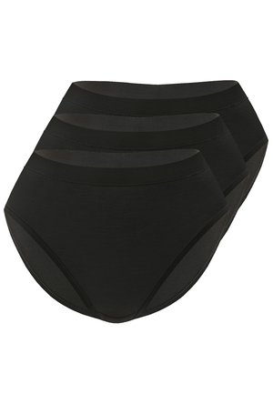 Schwarze hochgeschnittene Slips aus glattem Stoff. Sie verfügen über eine einfarbige Gestaltung, einen elastischen Bund und nahtlose Kanten. Drei Teile sind enthalten.