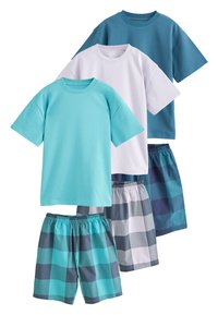 Four-piece loungewear set featuring two solid-color t-shirts in turquoise and white, and two checkered shorts in blue and gray tones.