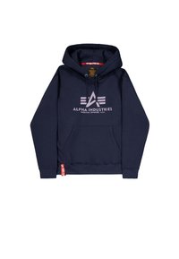 Felpa navy in cotone, con tasca frontale, cappuccio con cordino e logo in rosa chiaro. Include un'etichetta rossa sul lato.