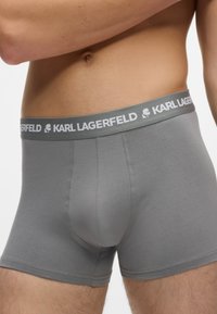 Vyriška liemeninė dalis, vilkinti pilkų Karl Lagerfeld bokso šortų su prekės ženklu juosmens juosta, rodoma nuo vidurinės liemens iki viršutinių šlaunų.