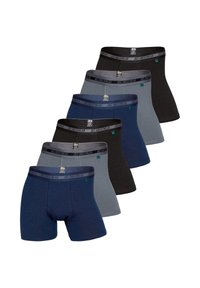 Boxer da uomo in confezione da sei. I colori includono navy, grigio e nero. Realizzati in morbido tessuto con un elastico in vita etichettato "JBS Underwear."