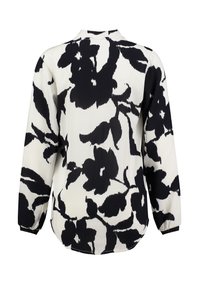 Lange mouw blouse in crème met zwart bloemmotief. Heeft een ronde halslijn en boorden met elastische details. Zachte stof met een vloeiende drape.