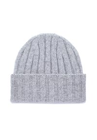 Cappello beanie grigio lavorato a maglia con una texture a coste, una risvolto ripiegato e un aspetto morbido e caldo. Realizzato in lana o in un materiale simile alla lana.