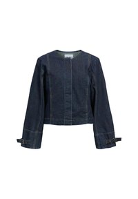 Jeansjacke mit rundem Ausschnitt, taillierter Passform und langen Ärmeln. Mit sichtbaren Nähten, seitlichen Schlitzen und verstellbaren Riemen an den Bündchen.