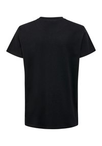Tricou negru din bumbac, cu mâneci scurte, guler rotund și spate simplu. Are o textură netedă și un design cu o croială normală.