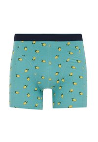 Muške bokserice u tirkiznom pamuku s uzorkom malih žutih limuna s zelenim lišćem, okružene tamnoplavim pojasom.