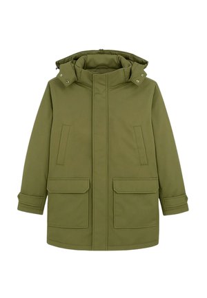 Parka à capuche vert olive avec fermeture éclair frontale, poches à rabat, poches latérales et poignets ajustables avec boutons-pression.
