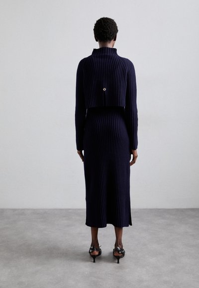 Marineblauwe geribbelde gebreide jurk met hoge hals en lange mouwen, met een cropped topsectie en subtiele knoopdetails aan de achterkant. Hakken met decoratieve accenten.