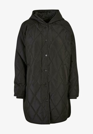 Palton lung, negru, cu captuseală, dotat cu glugă, închidere cu capse și buzunare laterale. Fabricat dintr-un material neted, rezistent la apă.