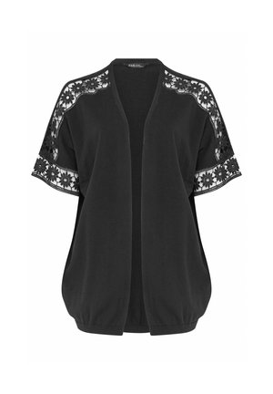 Zwarte cardigan met korte mouwen, open voorkant en bloemrijke kanten details op schouders en mouwen, losse pasvorm met geplooide zoom.